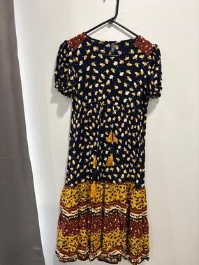 Navy Floral Midi Dress with Mustard Tassel Detail